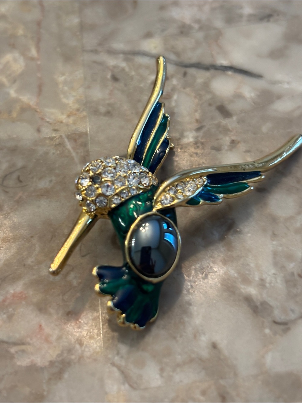 Vintage unsigned Gold-Tone Hummingbird Brooch with Rhinestones & Jelly Belly.